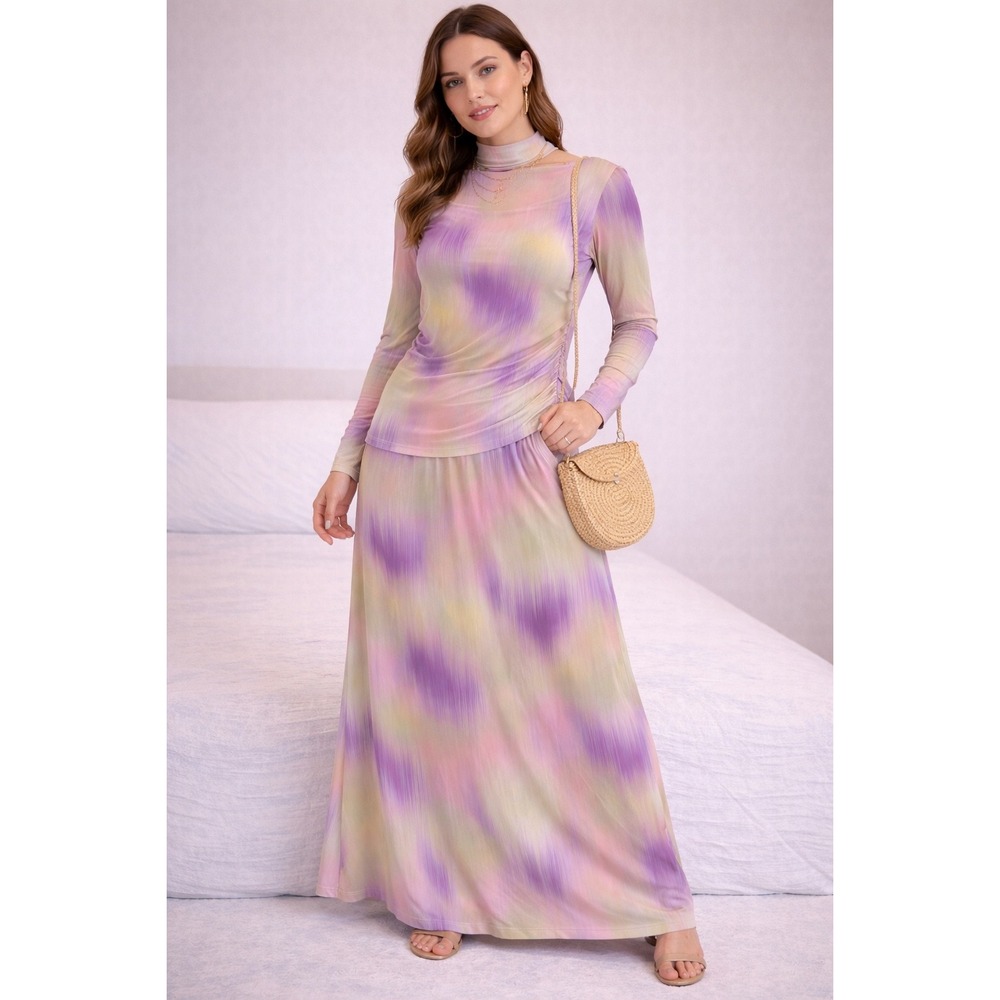 Alex & Parker Womens‎ Purple Green Abstract Mesh Ruched Top Maxi Skirt Set Large